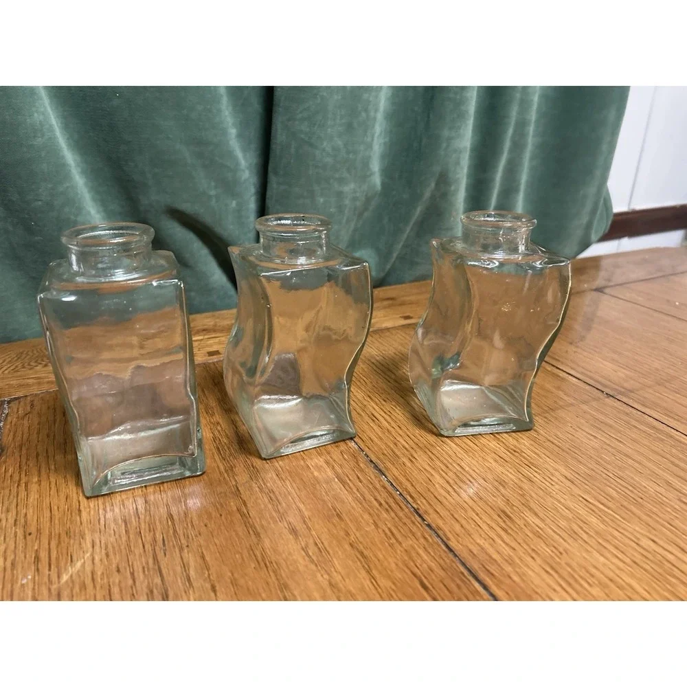 Set of 3 Wavy Square Clear Glass Bud Vases Small Apothecary Style Bottles
